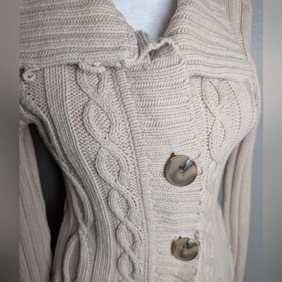 Eddie Bauer Vintage Y2K Beige Cream Chunky Big Collar Cable Knit Cardigan XS - Picture 4 of 5